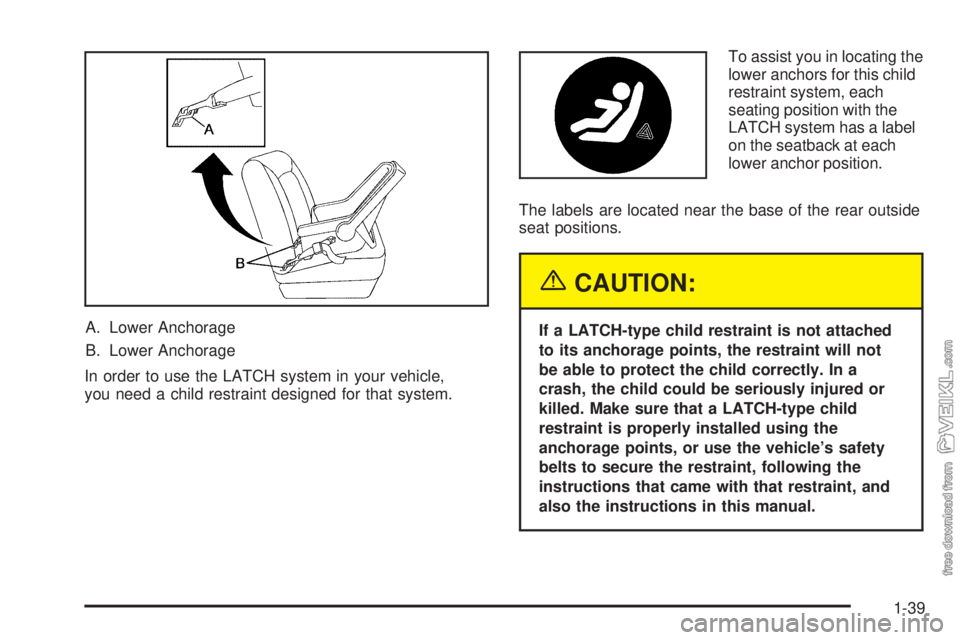 CHEVROLET CLASSIC 2005  Owners Manual A. Lower Anchorage
B. Lower Anchorage
In order to use the LATCH system in your vehicle,
you need a child restraint designed for that system.To assist you in locating the
lower anchors for this child
r