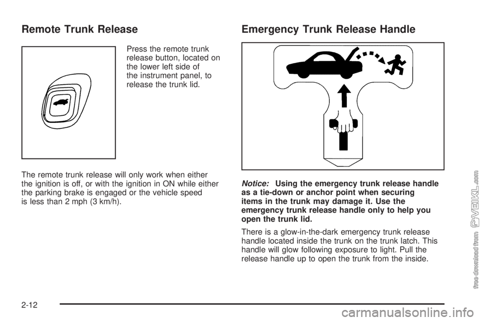 CHEVROLET CLASSIC 2005  Owners Manual Remote Trunk Release
Press the remote trunk
release button, located on
the lower left side of
the instrument panel, to
release the trunk lid.
The remote trunk release will only work when either
the ig