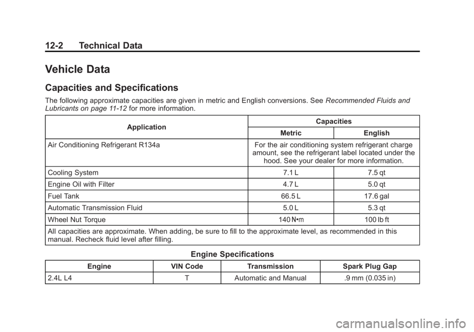 CHEVROLET ORLANDO 2017  Owners Manual Black plate (2,1)Chevrolet Orlando Owner Manual - 2013 - CRC - 6/5/12
12-2 Technical Data
Vehicle Data
Capacities and Specifications
The following approximate capacities are given in metric and Englis