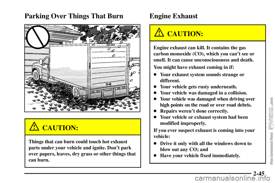 CHEVROLET C/K 2003  Owners Manual 2-45
Parking Over Things That Burn
CAUTION:
Things that can burn could touch hot exhaust
parts under your vehicle and ignite. Dont park
over papers, leaves, dry grass or other things that
can burn.
E