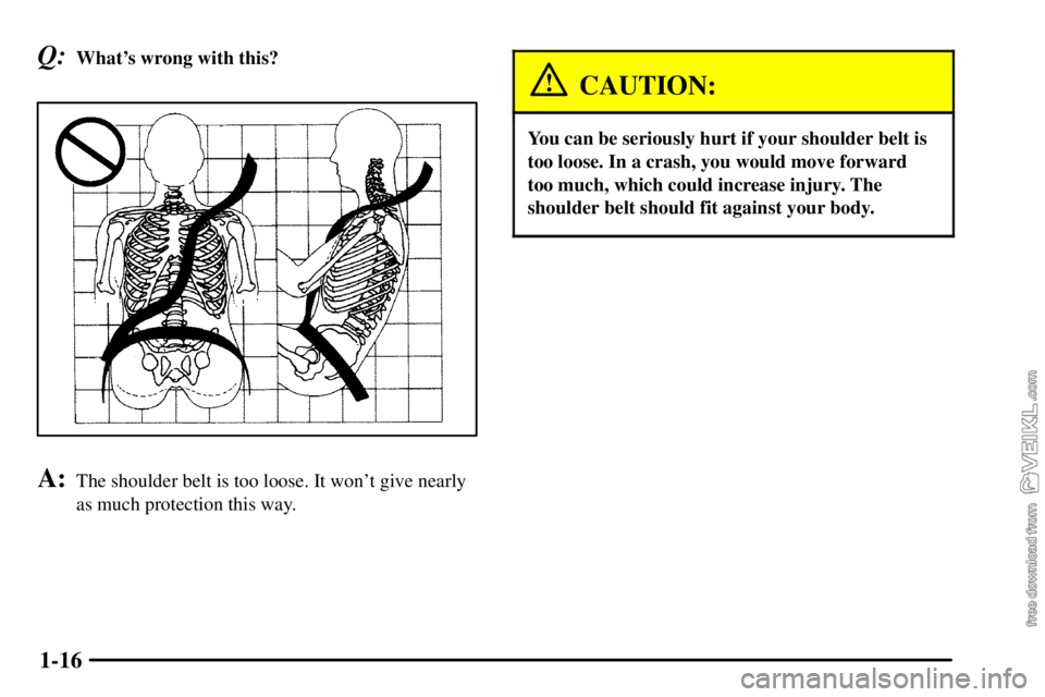 CHEVROLET C/K 2003  Owners Manual 1-16
Q:Whats wrong with this?
A:The shoulder belt is too loose. It wont give nearly
as much protection this way.
CAUTION:
You can be seriously hurt if your shoulder belt is
too loose. In a crash, yo