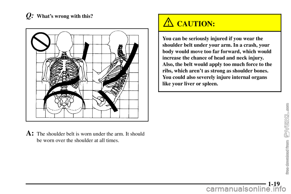 CHEVROLET C/K 2003  Owners Manual 1-19
Q:Whats wrong with this?
A:The shoulder belt is worn under the arm. It should
be worn over the shoulder at all times.
CAUTION:
You can be seriously injured if you wear the
shoulder belt under yo