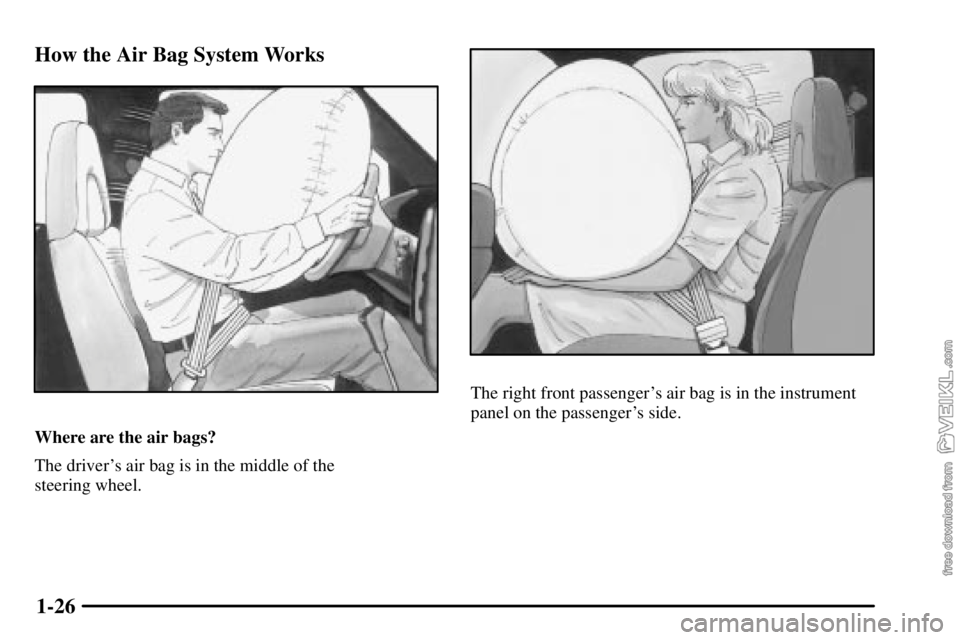 CHEVROLET C/K 2003  Owners Manual 1-26 How the Air Bag System Works
Where are the air bags?
The drivers air bag is in the middle of the 
steering wheel.
The right front passengers air bag is in the instrument
panel on the passenger