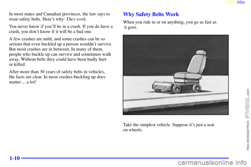 CHEVROLET C/K 1999  Owners Manual yellowblue     
1-10
In most states and Canadian provinces, the law says to
wear safety belts. Heres why: They work.
You never know if youll be in a crash. If you do have a
crash, you dont know if 