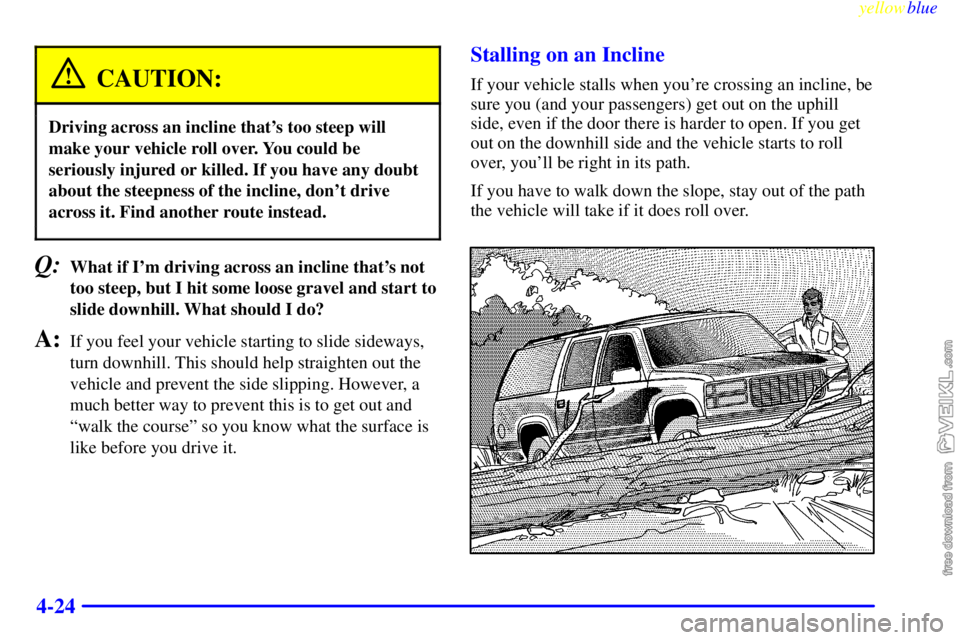 CHEVROLET C/K 1999 Owners Manual yellowblue
4-24
CAUTION:
Driving across an incline thats too steep will
make your vehicle roll over. You could be
seriously injured or killed. If you have any doubt
about the steepness of the in CHEVROLET C/K 1999 Owners Manual yellowblue
4-24
CAUTION:
Driving across an incline thats too steep will
make your vehicle roll over. You could be
seriously injured or killed. If you have any doubt
about the steepness of the in