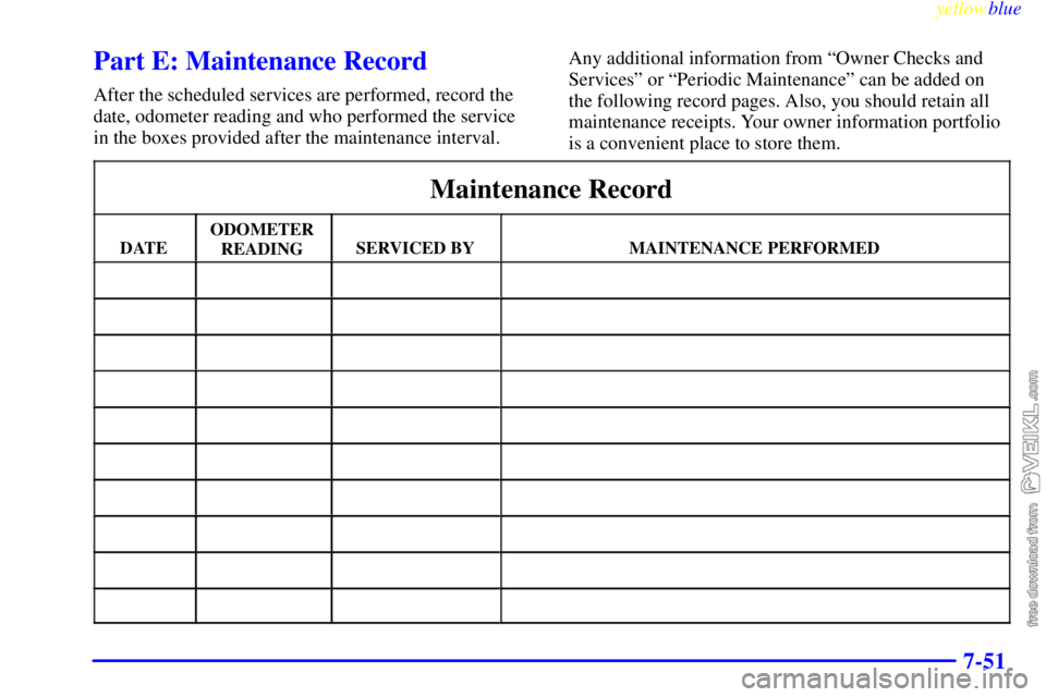 CHEVROLET C/K 1999  Owners Manual yellowblue     
7-51
Part E: Maintenance Record
After the scheduled services are performed, record the
date, odometer reading and who performed the service
in the boxes provided after the maintenance 