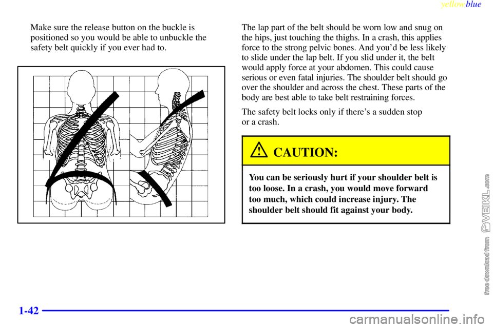 CHEVROLET C/K 1999  Owners Manual yellowblue     
1-42
Make sure the release button on the buckle is
positioned so you would be able to unbuckle the
safety belt quickly if you ever had to.The lap part of the belt should be worn low an