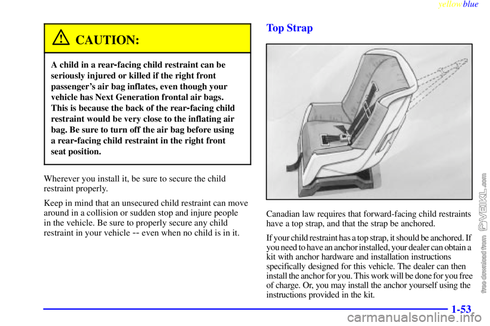 CHEVROLET C/K 1999 Owners Manual yellowblue
1-53
CAUTION:
A child in a rear-facing child restraint can be
seriously injured or killed if the right front
passengers air bag inflates, even though your
vehicle has Next Generation CHEVROLET C/K 1999 Owners Manual yellowblue
1-53
CAUTION:
A child in a rear-facing child restraint can be
seriously injured or killed if the right front
passengers air bag inflates, even though your
vehicle has Next Generation