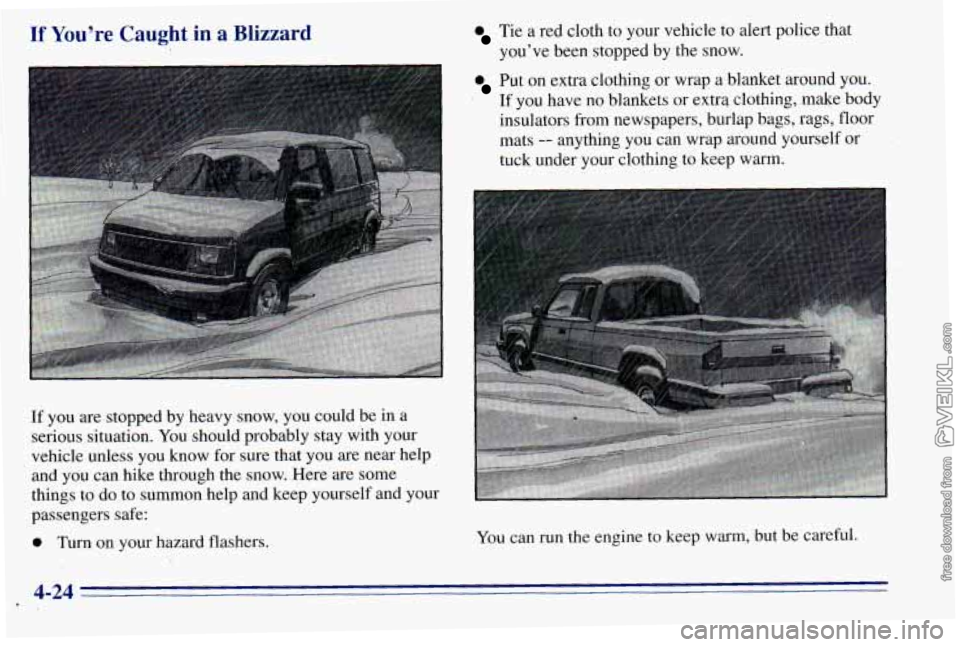 CHEVROLET ASTRO 1996  Owners Manual If You’re Caught in a Blizzard Tie  a  red  cloth  to your  vehicle  to  alert  police  that 
you’ve  been  stopped  by  the  snow. 
’ Put  on extra  clothing  or wrap a blanket  around  you: 
I