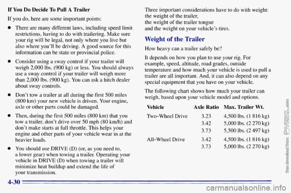 CHEVROLET ASTRO 1996  Owners Manual If You Do  Decide To Pull A Trailer 
If you do, here  are some  important  points: 
0 
0 
0 
0 
0 
There  are many different  laws,  including  speed  limit 
restrictions,  having 
to do  with  traile