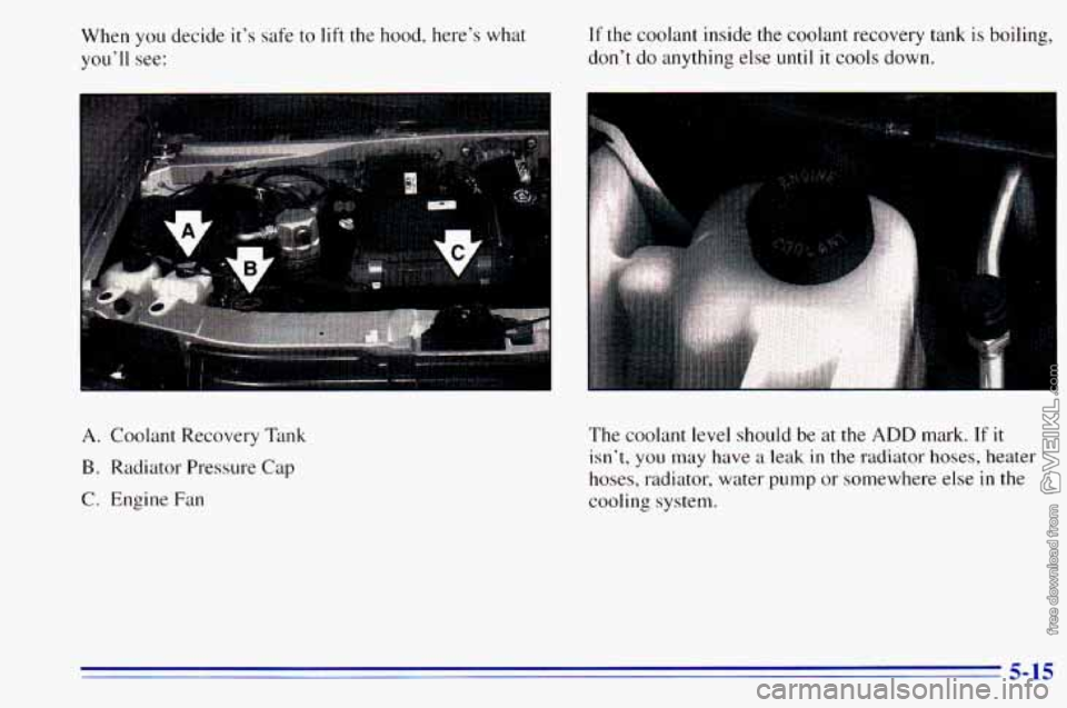 CHEVROLET ASTRO 1996  Owners Manual When you decide  it’s safe  to lift the  hood,  here’s  what 
you’ll  see: If the coolant  inside  the  coolant recovery  tank is boiling, 
don’t  do anything else 
until it cools down. 
A. Co