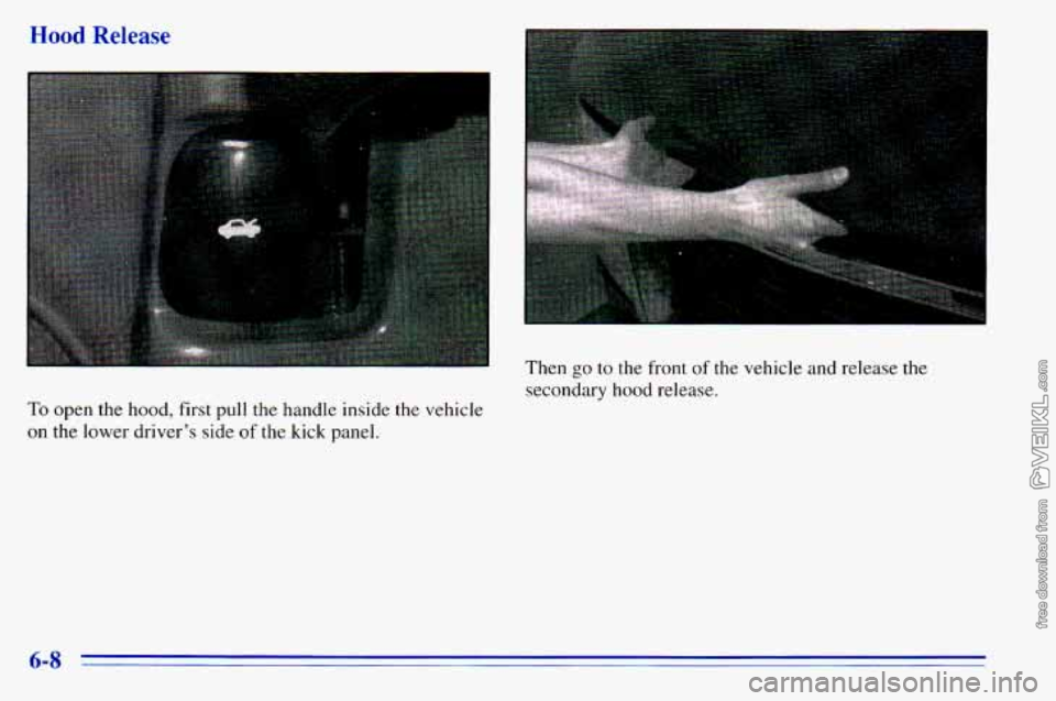 CHEVROLET ASTRO 1996  Owners Manual Hood Release 
To open the hood,  first  pull  the  handle  inside  the  vehicle 
on the lower  driver’s  side of the  kick  panel. Then 
go to  the front of the vehicle  and  release  the 
secondary