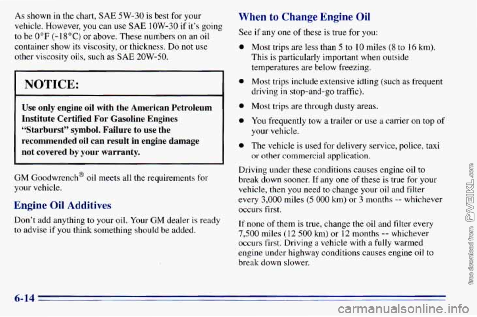 CHEVROLET ASTRO 1996  Owners Manual As shown  in  the chart, SAE 5W-30 is best  for your 
vehicle.  However, 
you can  use SAE 1OW-30  if  it’s  going 
to  be 
0°F (- 18 “C) or above.  These numbers on an oil 
container  show  its 