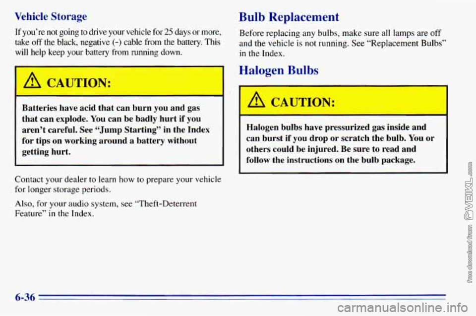 CHEVROLET ASTRO 1996  Owners Manual Vehicle Storage 
If  you’re  not  going  to  drive  your  vehicle  for 25 days or more, 
take 
off the  black,  negative (-) cable  from  the  battery.  This 
will  help  keep  your  battery  from  