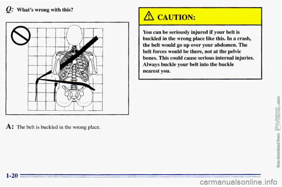 CHEVROLET ASTRO 1996  Owners Manual @ What’s  wrong  with  this? 
A: The belt is buckled in the wrong place. 
/i CAUTION: 
You can be  seriously  injured  if your  belt  is 
buckled  in  the  wrong  place  like  this. In  a  crash, 
t