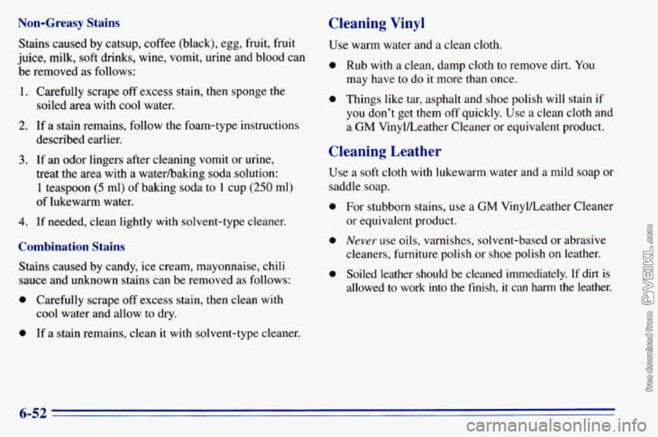 CHEVROLET ASTRO 1996  Owners Manual Non-Greasy Stains 
Stains caused by catsup, coffee (black), egg, fruit, fruit 
juice,  milk, soft drinks, wine,  vomit, urine and blood  can 
be  removed  as follows: 
1. 
2. 
3. 
4. 
Carefully  scrap