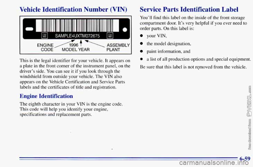 CHEVROLET ASTRO 1996  Owners Manual Vehicle  Identification  Number  (VIN) 
ENGINE/l996 t‘ 
CODE MODEL YEAR 
 ASSEMBLY 
PLANT 
This  is  the  legal  identifier  for your  vehicle. It appears  on 
a  plate 
in the  front corner  of  th
