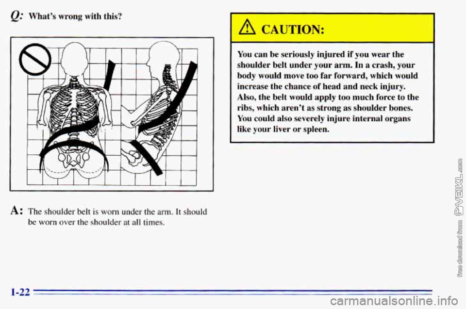 CHEVROLET ASTRO 1996  Owners Manual e. Whats  wrong with this? 
I 
You can be seriously  injured  if you  wear  the 
shoulder  belt  under  your  arm.  In 
a crash,  your 
body  would  move too far  forward,  which would 
increase  th