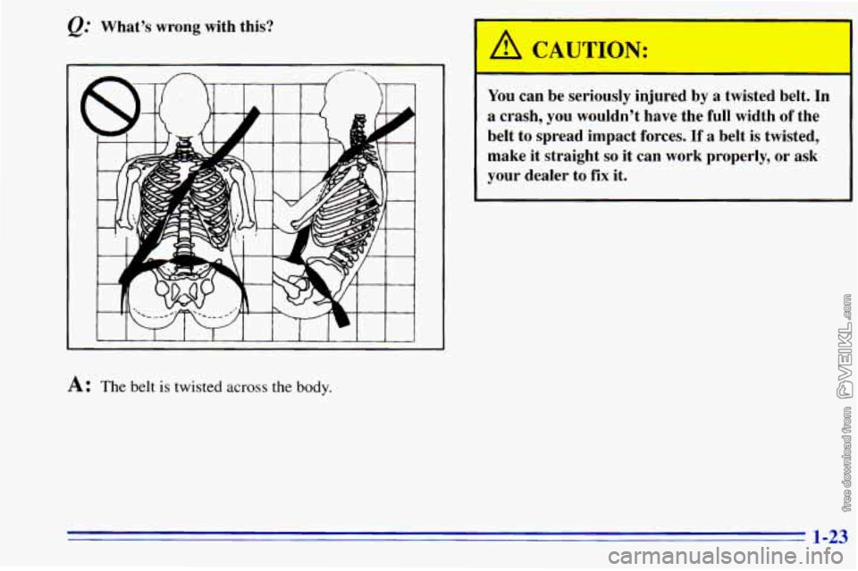 CHEVROLET ASTRO 1996  Owners Manual Q.’ What’s  wrong  with  this? 
A: The belt is twisted across the body. 
A CAUTION: 
- - 
You can  be  seriously  injured  by a twisted  belt.  In 
a  crash,  you  wouldn’t  have  the  full  wid