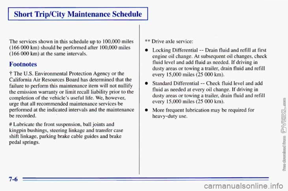 CHEVROLET ASTRO 1996  Owners Manual Short  Trip/City  Maintenance  Schedule 
The services  shown  in  this schedule up to 100,000  miles 
(166 
000 km)  should  be  performed  after 100,000 miles 
(166 
000 km)  at the  same  intervals.