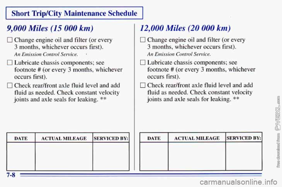 CHEVROLET ASTRO 1996  Owners Manual I Short  TripKity  Maintenance  Schedule I 
9,000 Miles (15 000 km) 
0 Change engine oil  and filter (or every 
3 months, whichever occurs first). 
An Emission  Control Service. 4 
0 Lubricate chassis