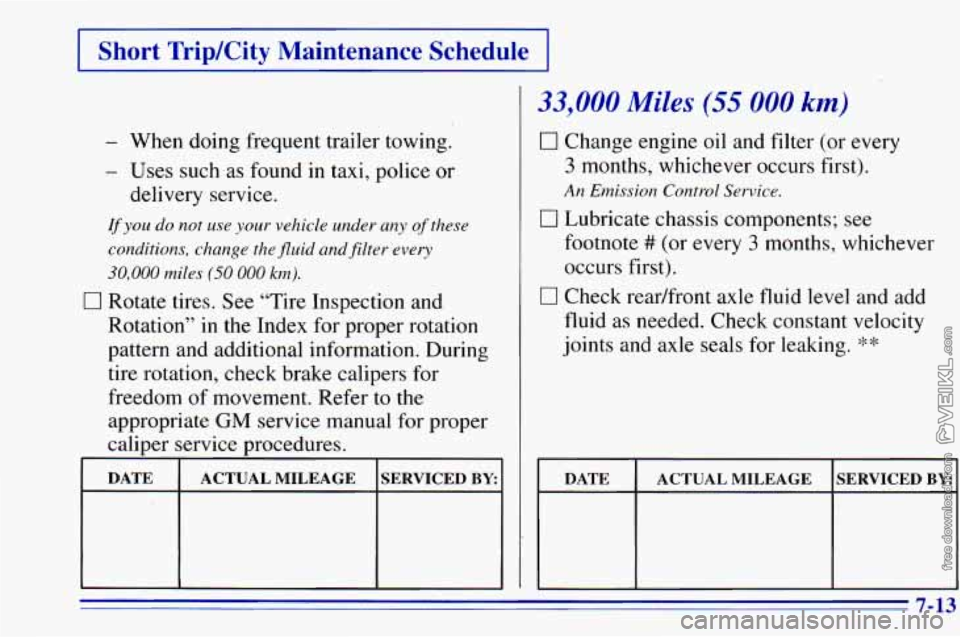 CHEVROLET ASTRO 1996  Owners Manual I Short TripKity  Maintenance  Schedurl 
- When doing frequent trailer towing. 
- Uses such as found  in taxi, police  or 
delivery service. 
If you do  not  use your vehicle  under  any of these 
con