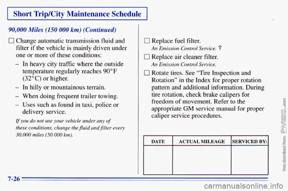 CHEVROLET ASTRO 1996  Owners Manual I Short  Trip/City  Maintenance Schedule I 
90,000 Miles (150 000 km) (Continued) 
0 Change automatic transmission fluid and 
filter if the vehicle  is mainly  driven under 
one  or more  of  these co