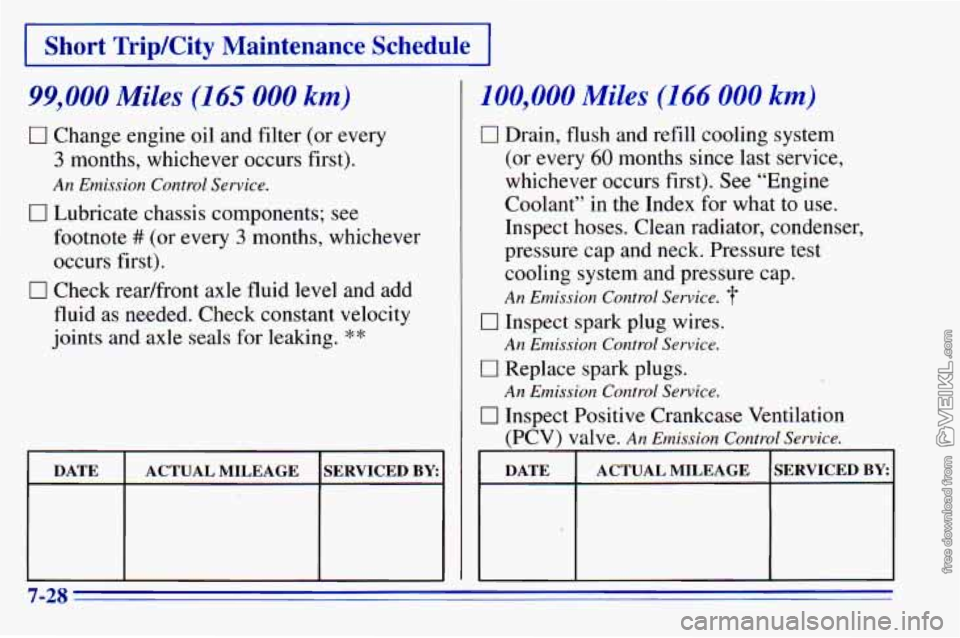 CHEVROLET ASTRO 1996  Owners Manual 100,000 Miles (1 66 000 km) 
0 Drain, flush and  refill cooling system 
(or every 
60 months since last service, 
whichever occurs first).  See “Engine 
Coolant” 
in the  Index  for what  to  use.