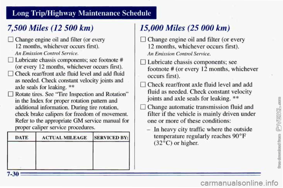 CHEVROLET ASTRO 1996  Owners Manual 7,500 Miles (12 500 km) 
0 Change  engine  oil and filter  (or  every 
12 months,  whichever  occurs  first). 
An Emission Control Service. 
0 Lubricate  chassis  components;  see  footnote ## 
(or  e