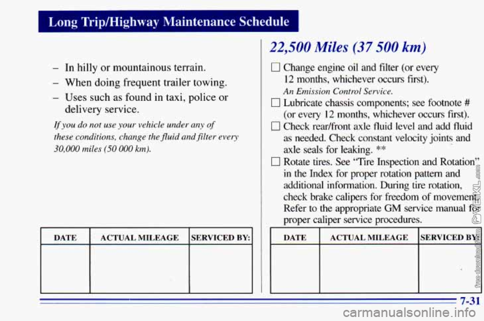CHEVROLET ASTRO 1996  Owners Manual Long Trip/Higl 
- In hilly or mountainous terrain. 
- When doing frequent trailer towing. 
- Uses  such as found in taxi, police or 
delivery service. 
If you do not  use your  vehicle  under  any oj 