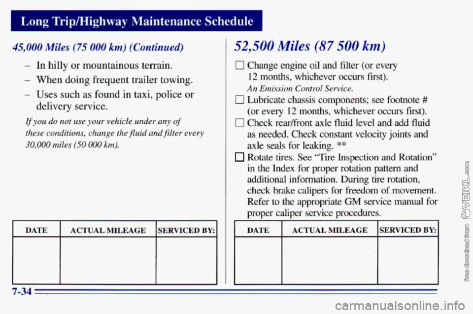 CHEVROLET ASTRO 1996  Owners Manual LI lg TriplHighway Maintenance Schedule 1 
45,000 Miles (75 000 km) (Continued) 
- In hilly or mountainous  terrain. 
- When  doing frequent trailer  towing. 
- Uses such as found in taxi, police or 

