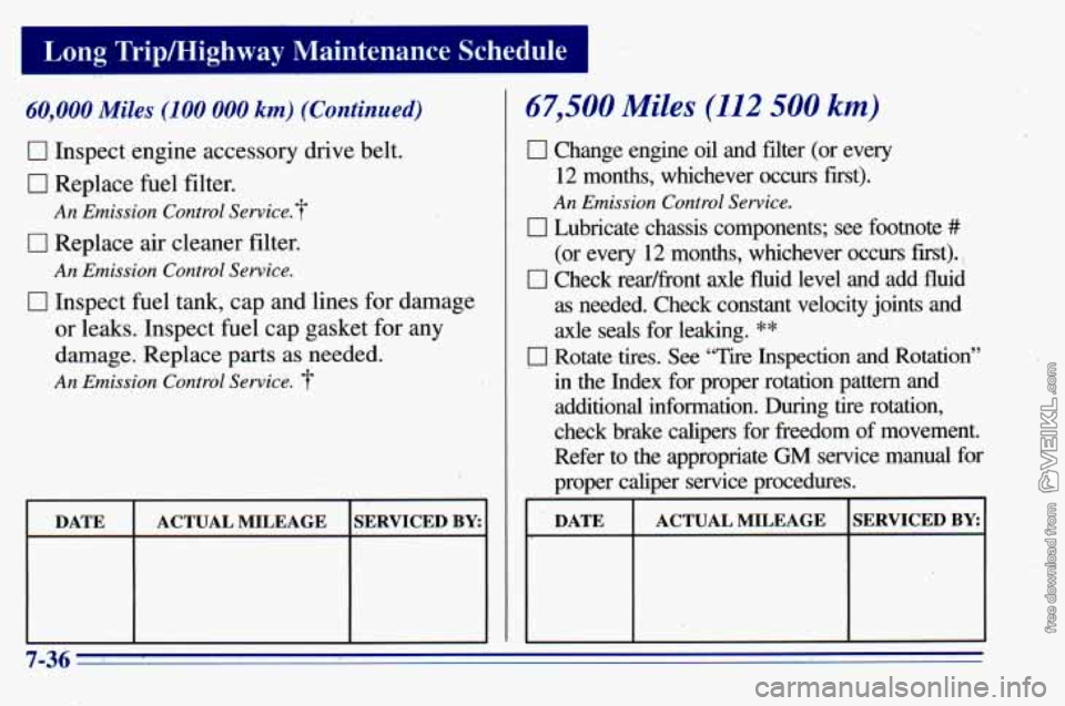 CHEVROLET ASTRO 1996  Owners Manual 60,000 Miles (1 00 000 km) (Continued) 
0 Inspect engine accessory drive belt. 
0 Replace fuel  filter. 
An Emission Control  Service.? 
0 Replace air cleaner filter. 
An Emission  Control Service. 
0