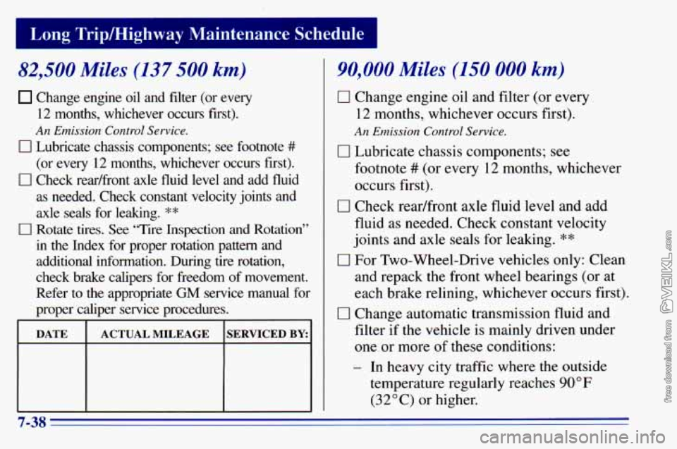 CHEVROLET ASTRO 1996  Owners Manual I Long Trip/Highway  Maintenance Schedule 
82,500 Miles (137 500 km) 
Change  engine  oil  and  filter  (or  every 
12 months,  whichever  occurs  first). 
An Emission Control Service. 
0 Lubricate  c