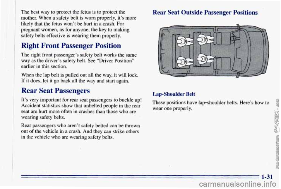 CHEVROLET ASTRO 1996  Owners Manual The  best way to protect  the  fetus is to protect  the 
mQther.  When a safety belt is  worn properly,  it’s  more 
likely that  the  fetus won’t  be 
hurt in  a crash.  For 
pregnant women,  as 