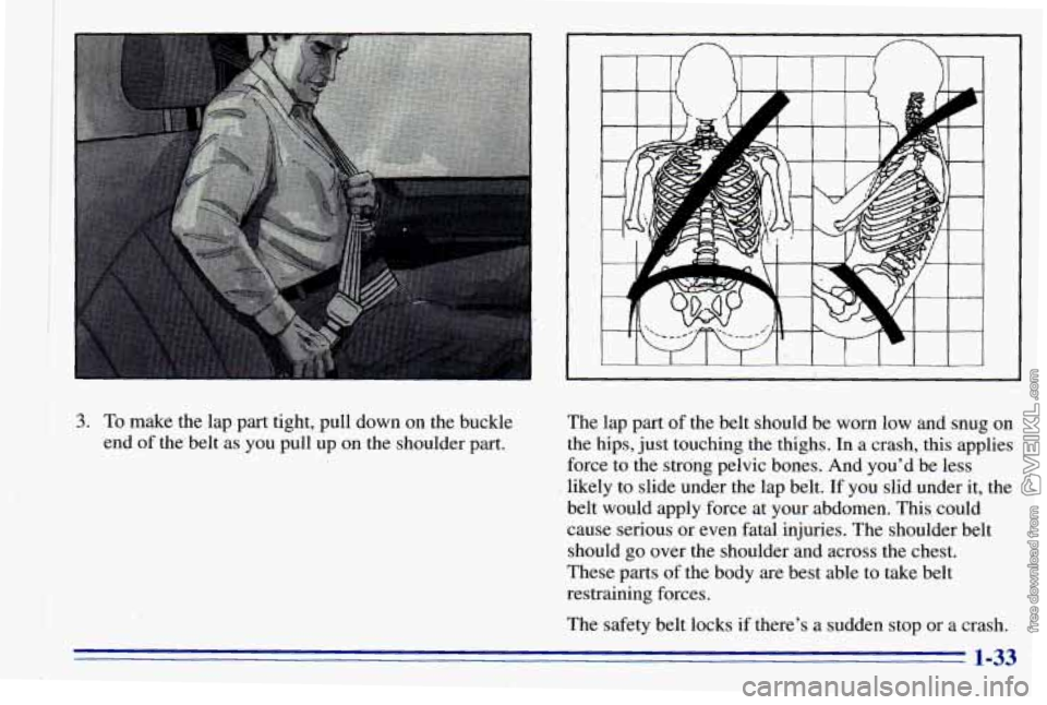 CHEVROLET ASTRO 1996  Owners Manual i 
3. To make  the  lap  part tight, pull  down on the  buckle 
end  of the-belt  as.you pull up on the  shoulder  part.  The  lap 
part of the  belt  should  be  worn  low  and  snug on 
the hips, ju