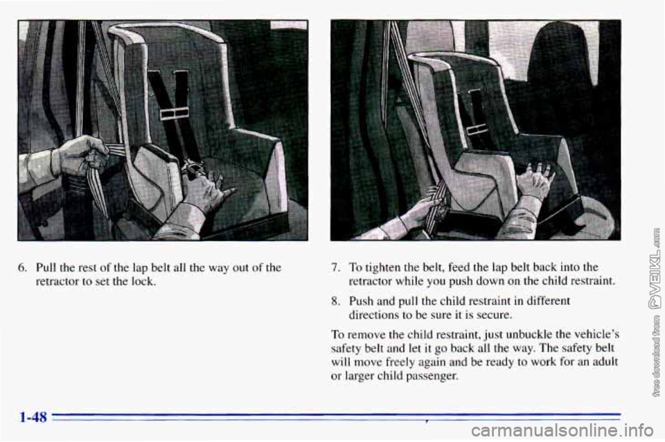 CHEVROLET ASTRO 1996  Owners Manual 6. Pull  the  rest  of  the lap belt all the  way  out  of the 
retractor to set the lock. 
.a. 
7. To tighten the belt,  feed the lap belt  back  into  the 
8. Push  and  pull the child  restraint in