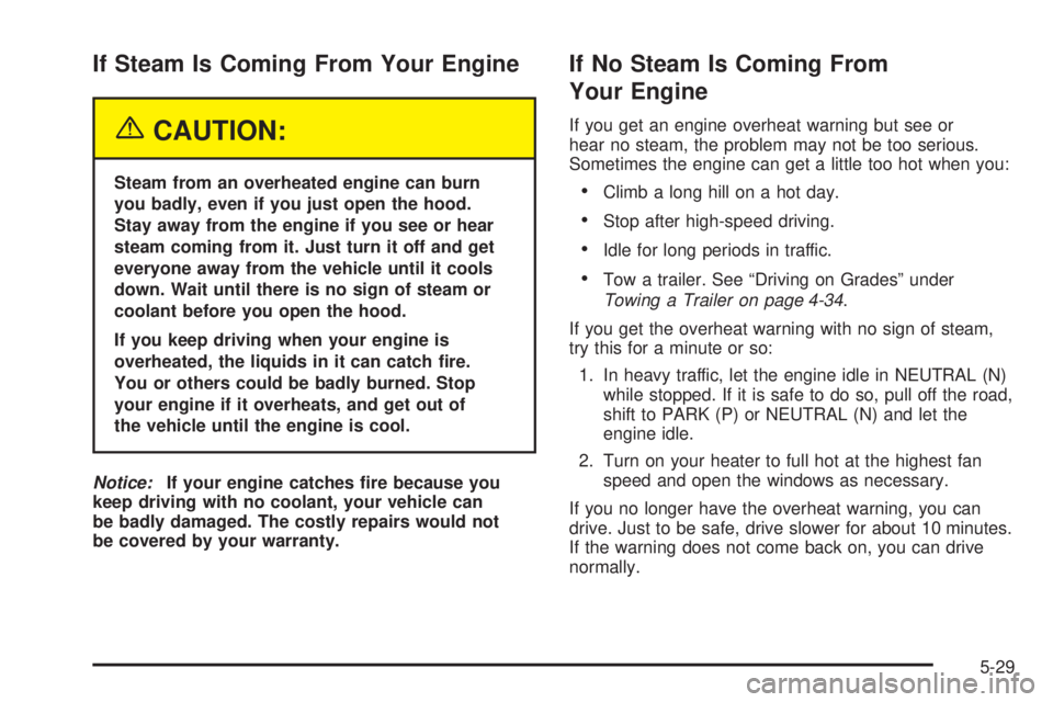 CHEVROLET ASTRO 2005  Owners Manual If Steam Is Coming From Your Engine
{CAUTION:
Steam from an overheated engine can burn
you badly, even if you just open the hood.
Stay away from the engine if you see or hear
steam coming from it. Jus