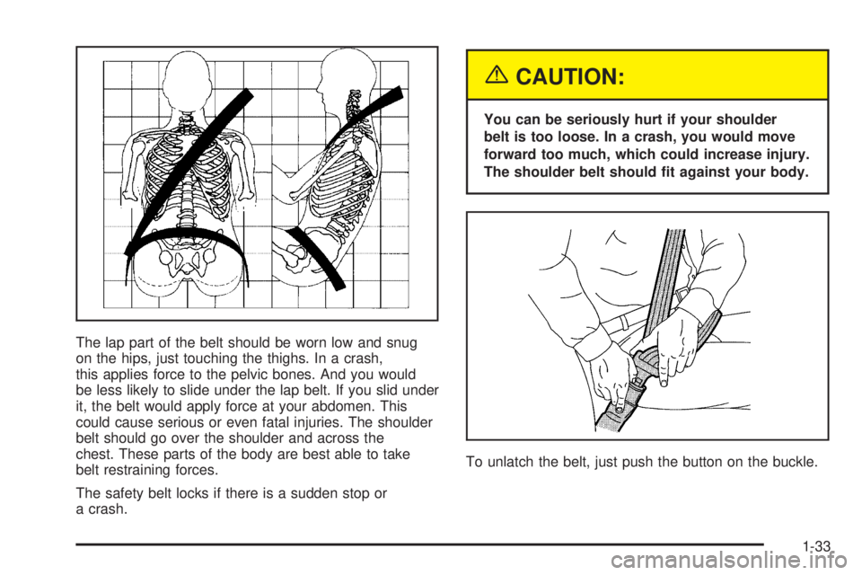 CHEVROLET ASTRO 2005  Owners Manual The lap part of the belt should be worn low and snug
on the hips, just touching the thighs. In a crash,
this applies force to the pelvic bones. And you would
be less likely to slide under the lap belt