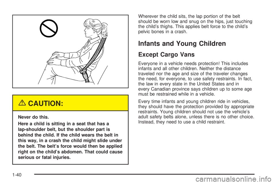 CHEVROLET ASTRO 2005  Owners Manual {CAUTION:
Never do this.
Here a child is sitting in a seat that has a
lap-shoulder belt, but the shoulder part is
behind the child. If the child wears the belt in
this way, in a crash the child might 