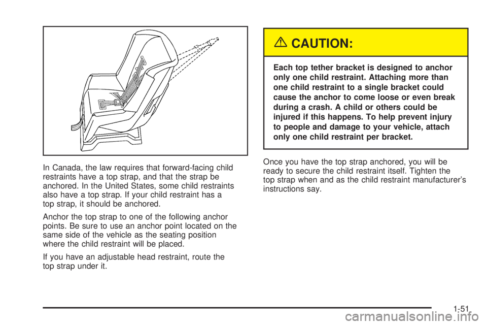 CHEVROLET ASTRO 2005  Owners Manual In Canada, the law requires that forward-facing child
restraints have a top strap, and that the strap be
anchored. In the United States, some child restraints
also have a top strap. If your child rest