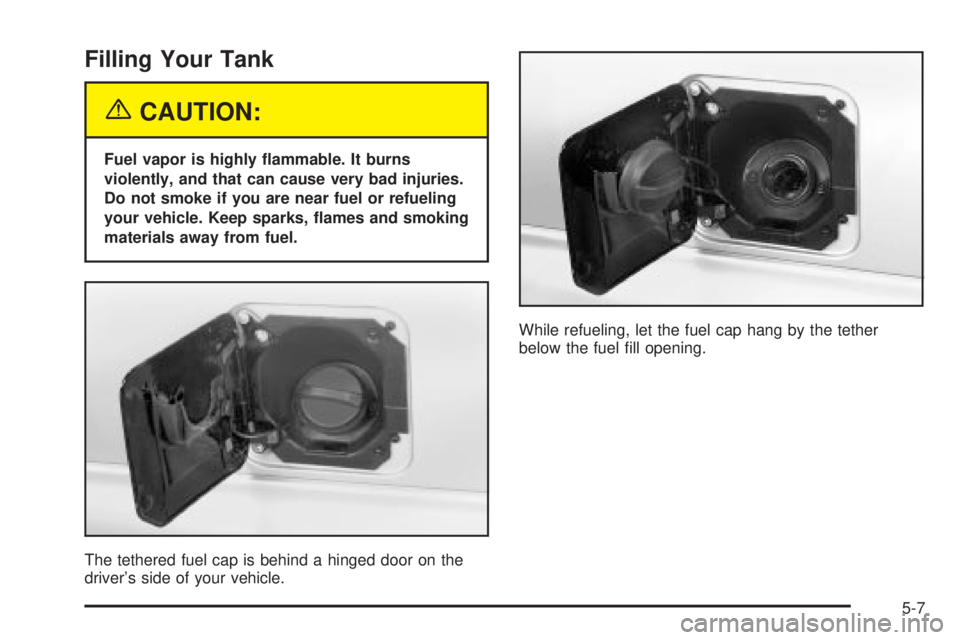 CHEVROLET ASTRO 2004  Owners Manual Filling Your Tank
{CAUTION:
Fuel vapor is highly ¯ammable. It burns
violently, and that can cause very bad injuries.
Do not smoke if you are near fuel or refueling
your vehicle. Keep sparks, ¯ames a