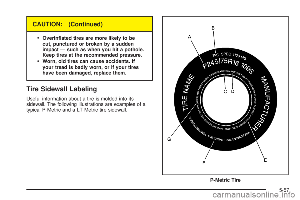 CHEVROLET ASTRO 2004  Owners Manual CAUTION: (Continued)
·
Overin¯ated tires are more likely to be
cut, punctured or broken by a sudden
impact Ð such as when you hit a pothole.
Keep tires at the recommended pressure.
·Worn, old tire