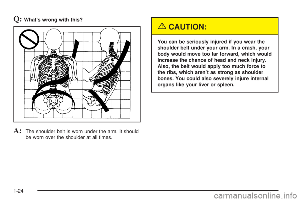 CHEVROLET ASTRO 2004  Owners Manual Q:Whats wrong with this?
A:The shoulder belt is worn under the arm. It should
be worn over the shoulder at all times.
{CAUTION:
You can be seriously injured if you wear the
shoulder belt under your a