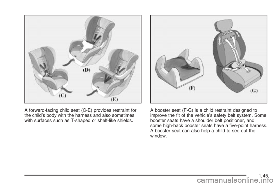 CHEVROLET ASTRO 2004  Owners Manual A forward-facing child seat (C-E) provides restraint for
the childs body with the harness and also sometimes
with surfaces such as T-shaped or shelf-like shields.A booster seat (F-G) is a child restr