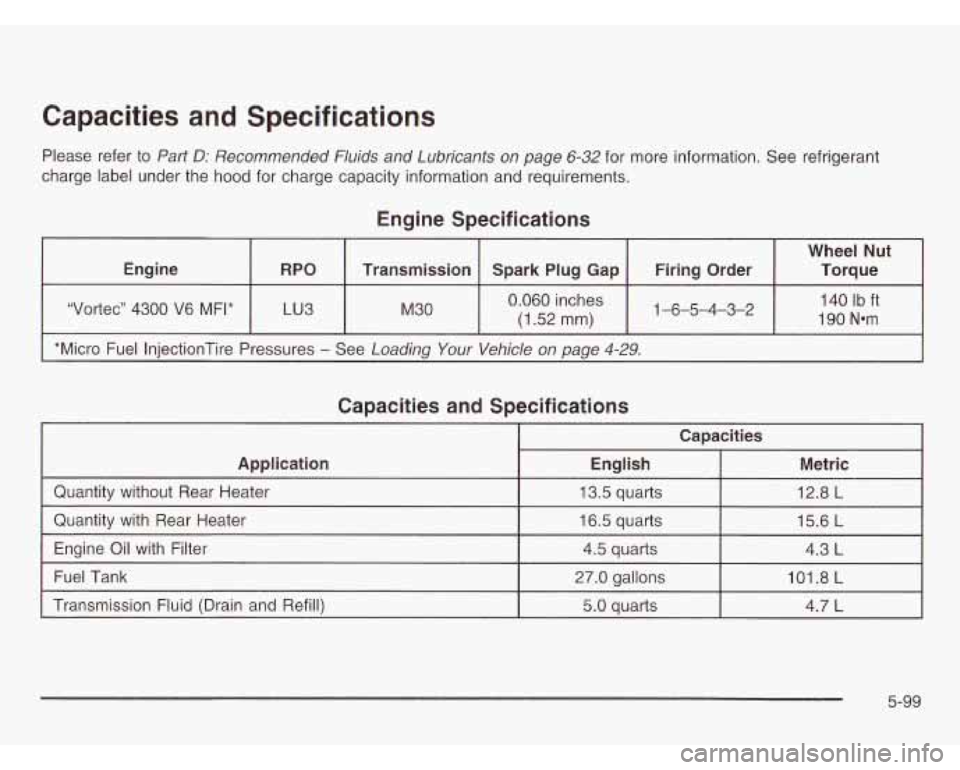 CHEVROLET ASTRO 2003  Owners Manual Capacities  and  Specifications 
Please  refer to Part D: Recommended Nuids and Lubricants  on  page 6-32 for  more information.  See refrigerant 
charge  label under  the hood  for  charge  capacity 