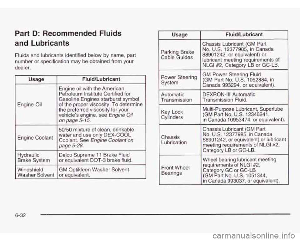 CHEVROLET ASTRO 2003 Owners Manual Part D: Recommended Fluids
and Lubricants
Fluids and lubricants identified below by name, part
number or specification may be obtained from your
dealer.
Engine Coolant
t
I
Hydraulic
CHEVROLET ASTRO 2003 Owners Manual Part D: Recommended Fluids
and Lubricants
Fluids and lubricants identified below by name, part
number or specification may be obtained from your
dealer.
Engine Coolant
t
I
Hydraulic