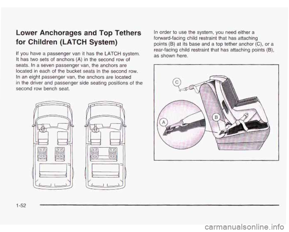 CHEVROLET ASTRO 2003  Owners Manual Lower  Anchorages  and Top Tethers 
for  Children 
(LATCH System) 
If you  have a passenger  van it has  the  LATCH system. 
It  has  two  sets  of anchors  (A)  in the second  row  of 
seats.  In a s