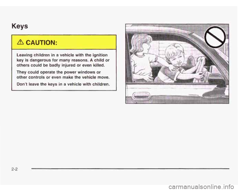 CHEVROLET ASTRO 2003  Owners Manual Keys 
mm 
!aving  children  in a vehicle  with  the  ignition 
key  is dangerous  for  many  reasons. 
A child or 
others  could be  badly injured  or even  killed. 
They  could  operate  the  power w
