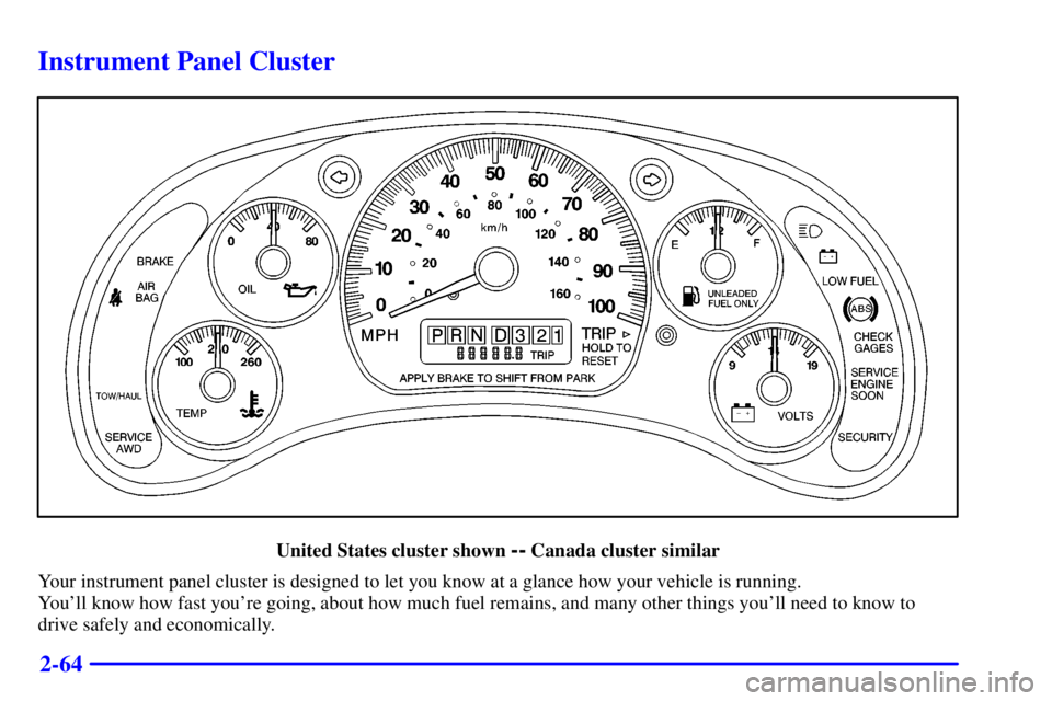 CHEVROLET ASTRO 2001  Owners Manual 2-64
Instrument Panel Cluster
United States cluster shown -- Canada cluster similar
Your instrument panel cluster is designed to let you know at a glance how your vehicle is running. 
Youll know how 