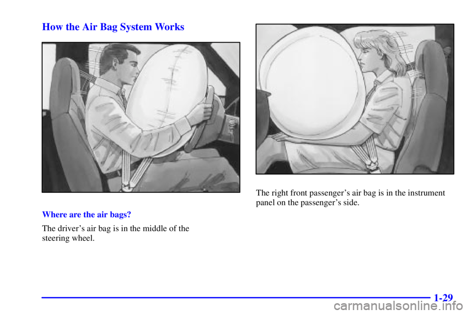 CHEVROLET ASTRO 2001  Owners Manual 1-29 How the Air Bag System Works
Where are the air bags?
The drivers air bag is in the middle of the 
steering wheel.
The right front passengers air bag is in the instrument
panel on the passenger